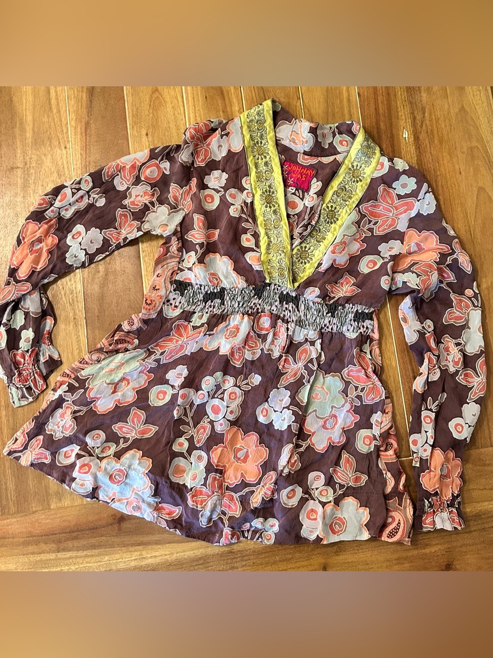 Johnny Was Floral Smocked Waist Tunic Top Brown Coral V-Neck Medium Repair Needs
